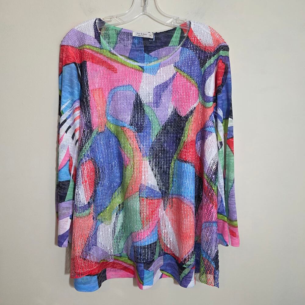 Jess & Jane Jubilee Boucle mesh stain glass color burnout tunic top woman sz‎ XL